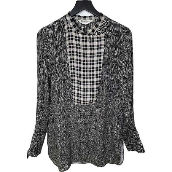 MaxMara 100% Silk Check Plaid Bib Dot Print Shirt  Tunic Black Italy M 8 Vintage - Picture 1 of 8